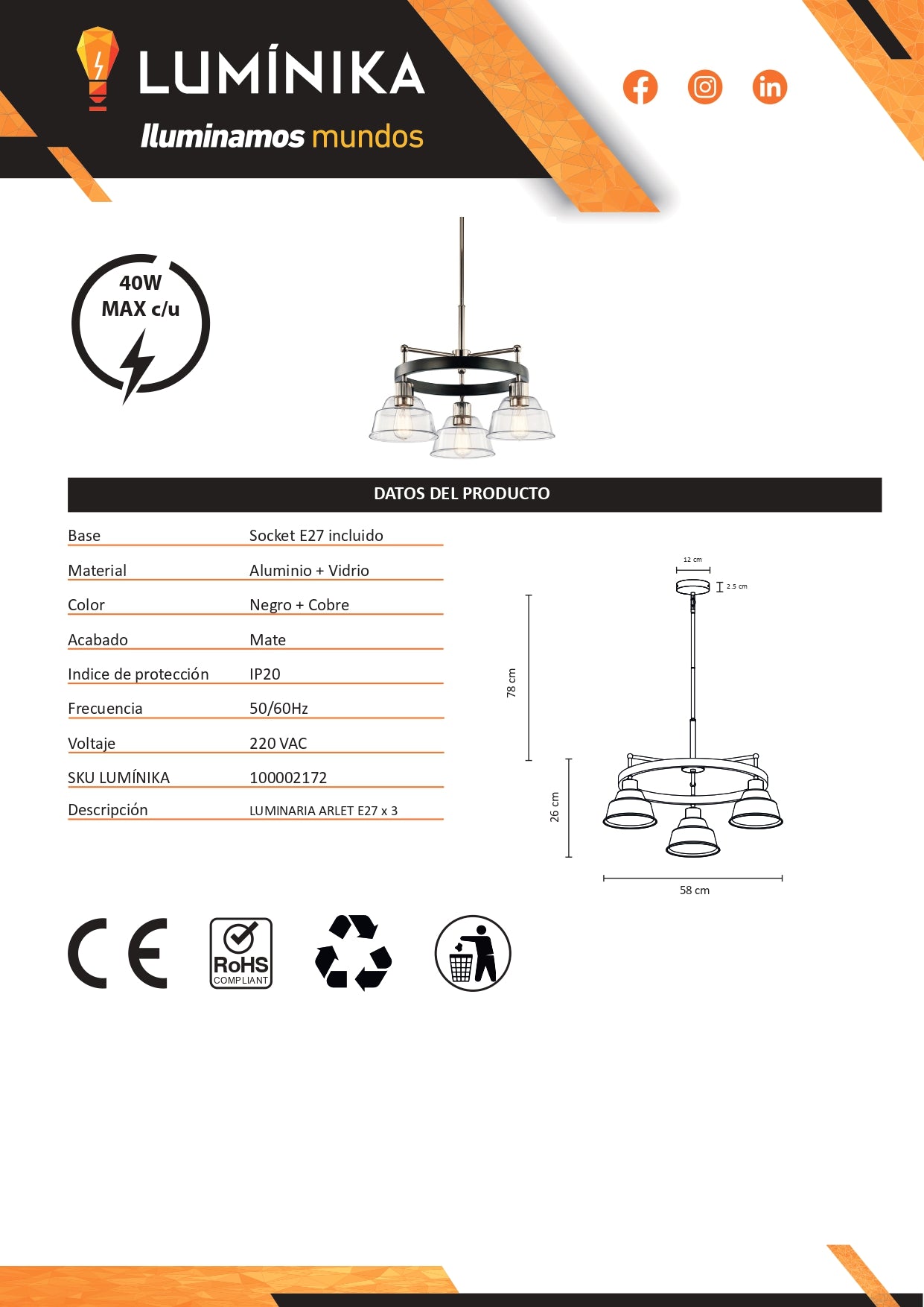 LUMINARIA ARLET E27 x 3